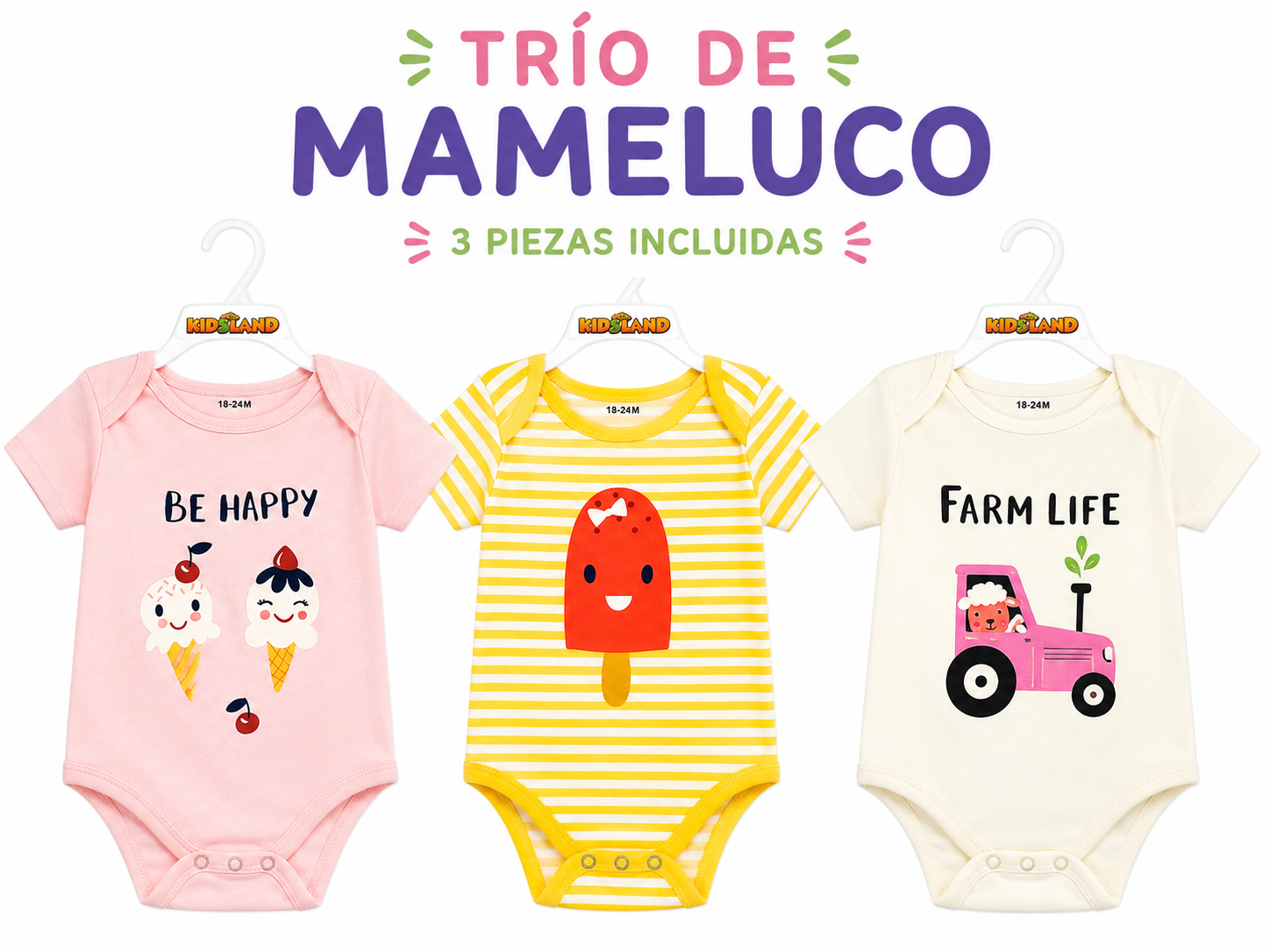 Trio de mamelucos colorida y divertida